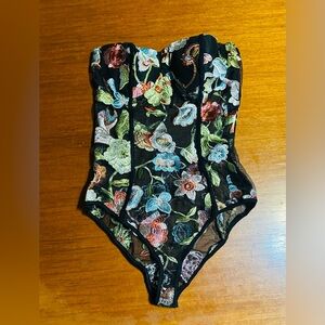 Fashion Nova Summer Smile Bodysuit Black Floral/Size S/ Sheer